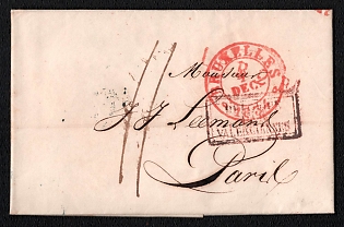 1834 (4 Dec)Pre-philatelic stampless international letter sheet from Bruxelles (Belgium) to Paris (France), payment postmark handwritten rate "11", red cachet "L.P. B.2.R." (Lettre des Pays-Bas 2ème Rayon) Black boxed transit stamp "BELG. PAR VALENCIENNES", Bruxelles origin postmark. Arrive in Paris December 6, 1834