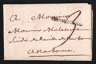 1728 (7 Jan) Pre-philatelic stampless letter sheet from Perpignan (France) to Narbonne (France), payment postmark handwritten rate "3", black linear "DE PERPIGNAN" postmark