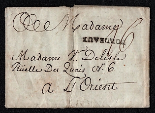 1788 Pre-philatelic stampless international letter sheet from Bordeaux (France) to Philadelphia (USA), payment postmark, handwritten rate "16". Black linear "BORDEAUX" postmark. Arrive in Philadelphia July 08, 1788. No arrival postmark