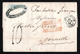 1853 (20 Sep) Pre-philatelic stampless international letter sheet from Alexandria (Egypt) to Marseille (France), payment postmark, handwritten rate "10". handwritten directive "Par bateau français" its mean "By French boat", black oval forwarding agent cachet "PIETRO MERCIANTE / ALEXANDRIA", red rectangular cachet "PAQUEBOTS / DE LA / MEDITERRANEE", Alexandrie origin postmark. Arrive in Marseille September 25, 1853