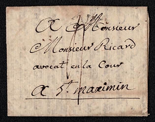 1785 Pre-philatelic stampless letter sheet from Aix (France) to St. Maximin (France),  payment postmark handwritten rate "4". "AIX" straightline postmark