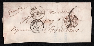1859 (3 Set) Stampless international letter sheet from Tolosa (Spain) to Bordeaux (France), payment postmark handwritten rate probably "5", Tolosa origin postmark. Via St. Jean-de-Luz, "ESPAGNE / PAR ST. JEAN-DE-LUZ" postmark September 4, 1859. Via Bayonne (Railway Post Office postmark) September 4, 1859 on reverse. Arrive in Bordeaux September 4, 1859