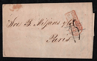 1851 (22 Jun) Pre-philatelic stampless international letter from Havana (Cuba) to Paris (France), payment postmark handwritten rate "15" but crossed out, Havana origin postmark. Red boxed "COLONIES / &c ART. 13" accountancy handstamp. Via London July 21, 1851 on reverse. Via Calais July 22, 1851. Arrive in Paris July 22, 1851