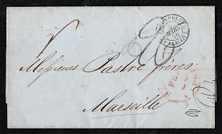 1856 (26 Feb) Stampless international letter sheet from New York (USA) to Marseille (France), payment postmark handwritten rate "26", red oval forwarder cachet "FORWARDED BY / A.C. ROSSIRE & Co / NEW-YORK" on reverse side. New York origin postmark. Via London March 3, 1856 on reverse. Via Lyon (Railway Post Office postmark) March 4, 1856. Arrive in Marseille March 5, 1856