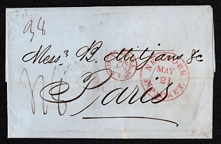 1853 Pre-philatelic stampless international letter sheet from Havana (Cuba) to Paris (France), payment postmark handwritten rate "48", black ovel forwarding agent cachet "VIGNIER, ROBERTS & Co. / HAVANA" on reverse, no Havana postmark. Via New York (USA) May 21, 1853. Arrivein Paris June 4, 1853. Via New York