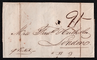 1847 (3 Jun) Pre-philatelic stampless international letter sheet from Santiago de Cuba (Cuba) to London (Great Britain), payment postmark handwritten rate "9/-", Santiago de Cuba origin postmark.  Handwritten note "p (per) Packet" means via Royal Mail Steam Packet Co. Arrive in London July 8, 1847