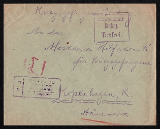 1916 International free censored P.O.W cover from Cottbus-Sielow (Germany) to Copenhagen (Denmark), cachet "Kriegsgefangenen-Sendung Taxfrier" in translate "Prisoner of war mail Tax free", purple boxed censor postmark "Genehmigt / Prüfungsstelle der / Gefangenenlager / COTTBUS" in translate "Approved. Inspection Office of the Prisoner of War Camp COTTBUS" Arrive in Kopenhagen December 11, 1916