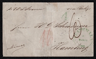 1855 (03 Mar) Pre-philatelic stampless international letter sheet from Guatemala City (Guatemala) to Hamburg (Germany), payment postmark green cachet rate "4", red handwritten rate "16", green Guatemala postmark. Handwritten directive "Ultramar", what means "Overseas", handwritten directive "pr US Steamer". Via Belize handwritten "via Belize", March 17, 1855 postmark. Via London red transit postmark April 17, 1855. Arrive in Hamburg ST.P.A.  Stadtpostamt postmark April 19, 1855