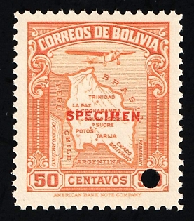 1935 50c Plurinational State of Bolivia, Airmail, Specimen, Annulated