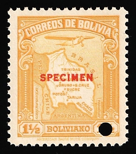 1935 1 1/2b Plurinational State of Bolivia, Airmail, Specimen, Annulated