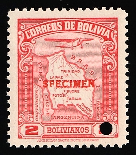 1935 2b Plurinational State of Bolivia, Airmail, Specimen, Annulated