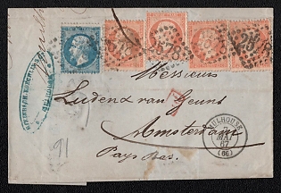 1867 (7 May) International cover from Mulhouse (France) to Amsterdam (Netherlands), franked with 20c and four 40c (France), tied by "2578" in bold diamond of dots postmark, Mulhouse postmark. Red rectangular "PD" (Paid to Destination) cachet, green oval forwarding agent cachet "STEINBACH, KOECHLIN & C-ie / MULHOUSE", Arrive in Amsterdam May 9, 1867