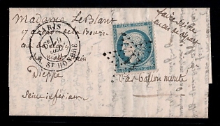 1870 (09 Dec) Balloon mail/Par Ballon Monté letter sheet from Paris (France) to Dieppe (France) siege of Paris, franked with 20c (France), tied by "11" star cancel postmark, black circular PARIS R. St. HONORE cds postmark, handwritten routing directive "Par ballon monté", what means "By piloted balloon", handwritten directive "Faire suivre en cas de départ", what means "Forward in case of departure". via Le Général Renault balloon. No arrival postmark. Extremely rare