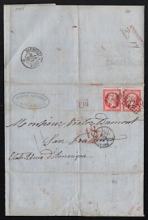 1866 (17 Feb) International letter sheet from Marseille (France) to San Francisco (USA), franked with two 80c (France), tied by "2240" in bold diamond of dots postmark, payment rectangular "PD" (Paid to Destination), red cachet rate "18", Marseille origin postmark. Grey oval forwarding agent cachet "HONORÉ ARNAVON / MARSEILLE"