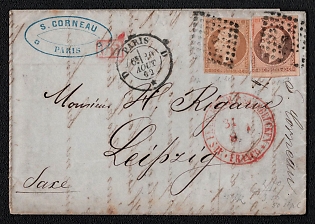 1862 (30 Aug) International letter sheet from Paris (France) to Leipzig (Germany), franked with 10c and 40c (France) on front, tied by "D" in bold diamond of dots postmark, red rectangular "PD" (Paid to Destination) cachet, Paris origin postmark. Blue oval forwarding agent cachet "S. CORNEAU / PARIS". Red circular unreadable Prussian transit postmark August 31, 1862. On reverse black circular "AUSGABE" arrival postmark, what means delivery . Arrive in Leipzig September 1, 1862