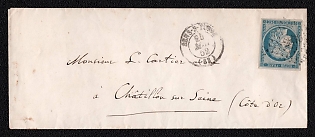 1852 (25 May) Сover from Sens-sur-Yonne (France) to Chatillon-sur-Seine (France), franked with 25c (France), tied by "2878" in diamond of dots postmark. Sens-sur-Yonne origin postmark. Arrive in Chatillon-sur-Seine May 26, 1852