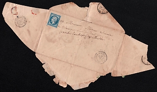 1860 (28 Jun) Cover (on turned international stampless cover) from Chilleurs-aux-Bois (France) to Mouton (France), franked with 10c (France), tied by "853" in diamond of dots, postmark of Chilleurs-aux-Bois. Via Limoges and Paris and Limoges, transit T.P.O. postmark "LIMOGES A PARIS" June 29, 1860. No arrival postmark. 1860 (21 May) turned international stampless cover from San Francisco (USA) to Chilleurs-aux-Bois (France). Payment postmark "PD" (Paid to Destination) cachet, handwritten rate "15"