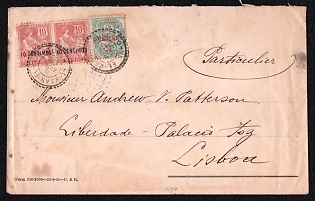 1906 (4 Apr) International cover from Ksar-el-Kbir (Morocco) to Lisbon (Portugal), franked with 5c with overprint 5c and a pair of 10c with overprint 10c (French Post Offices in Morocco), tied by Ksar-el-Kbir postmark, handwritten directive "Particulier", what means "Private". Via Tanger April 5, 1906. No arrival postmark