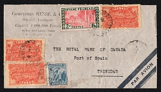 1935 (3 Apr) International airmail cover from Cayenne (French Guiana) to Port of Spain (Trinidad), franked with 50c and three 2fr and 2fr (French Guiana), tied by Cayenne postmark, Arrive in Port of Spain April 9, 1935