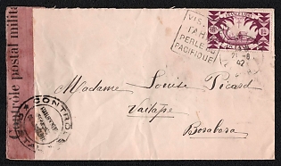 1942 (21 Aug) Censored cover from Papeete (Tahiti, French Oceania) to Vaitape (Bora Bora), franked with 1fr (French Polynesia), tied by Papeete postmark, "Contrôle postal militaire" censor tape, tied by "CONTROLE" censor postmark on front and "OUVERT / PAR / L'AUTORITE MILITAIRE", what means "Opened by Military Authority on back side. No arrival postmark