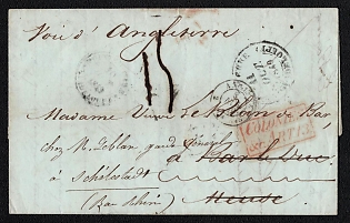 1849 (10 Oct) Pre-philatelic stampless international letter from Pointe-à-Pitre (Guadeloupe) to Bar-le-Duc (France) and reforwarded to Schlestadt (France), payment postmark handwritten rate "15" on front. Red rectangular "COLONIES &c ART.13" cachet, handwritten directive "Voie d'Angleterre", what means "Via England", on reverse two red circular British transit postmarks November 2, 1849