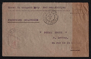 1918 (9 Fev) Free military international cover from Abidjan (Ivory Coast) circular cachet "CHEMIN DE FER DE LA COTE D'IVOIRE / LA DIRECTION" what mean "Ivory Coast Railway / Management". Arrive in Paris March 1918