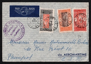1939 (13 Nov) International airmail cover from Cotonou (Dahomey) to Paimpol (France), franked by 40c, 1f and 2f (Dahomey), tied by Cotonou postmark, circular purple cachet "CONTROLE POSTAL * AFRIQUE OCCIDENTALE FRANCAISE * Commission G" at left. Arrive in Paimpol, date unreadable