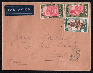 1939 (26 Aug) International airmail cover from Nioro (French Sudan) to Paris (France), franked with 10c, 40c and 3fr (French Sudan) canceled by Nioro postmark. Via Kayes September 2, 1939. Via Dakar Avion September 3, 1939. No arrival postmark