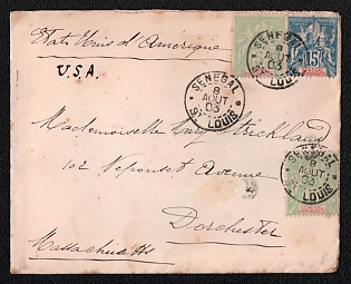 1903 (8 Aug) International cover from St. Louis (Senegal) to Dorchester (USA), franked by two 5c and 15c (Senegal), tied by St. Louis postmarks. Via Boston August 27, 1903. Arrive in Dorchester Station Mass. August 27, 1903