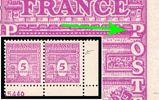 1944 5c France, Pair, Corner Margin, Plate Numbers, BROKEN 'P' in 'Postes'