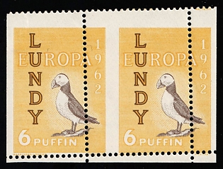 1961 6p Lundy Island, Great Britain, Pair, Local, Private Issue, Shifted Perforation