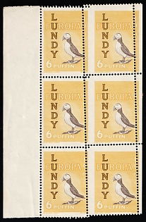 1961 6p Lundy Island, Great Britain, Block of Six, Local, Private Issue, Margin, Shifted Perforation