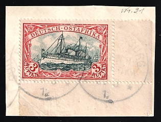 1901 3r East Africa on piece, German Colonies, Kaiser’s Yacht, Germany, Corner Margin