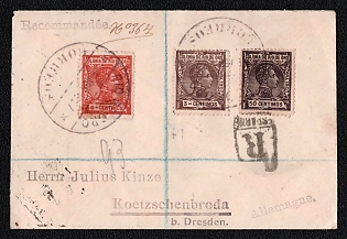 1907 (5 Apr) International registered cover from Rio de Oro (Rio de Oro, Spain) to Koetzschenbroda (Germany), franked by 3c, 4c and 50c (Rio de Oro), tied by Rio de Oro postmark. Via Las Palmas April 14, 1907. Via Madrid April 21, 1907. Arrive in Koetzschenbroda April 24, 1907