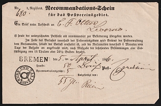1866 (5 Apr) Bremen, German States, Germany, Acknowledgement of Receipt form for the Austro-German Postal Union from Bremen to Livorno (Italy), with registration number '480' and circle black handstamp 'Thurn und Taxis'