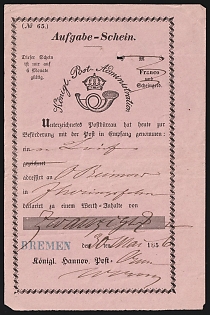 1856 (30 May) Bremen, German States, Germany, Acknowledgement of Receipt form issued by the Royal Postal Administration of Hanover from Bremen to Ihlow, with registration number '65'