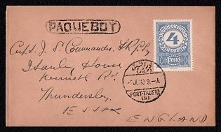 1938 (9 Jul) International cover from Port Taufiq (Egypt) to Thundersley (Great Britain), franked by 4k (Austria), canceled by Port Taufiq postmar, framed oval "PAQUEBOT" ship mail cachet (was received on the ship). No arrival postmark