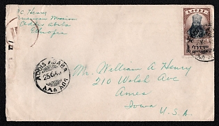 1943 (25 Jun) International censored cover from Addis Ababa (Ethiopia) to Ames (USA), franked by 50c (Ethiopia), canceled by Addis Abeba postmark, British military censor tape "OPENED BY / P.C. 90". No arrival postmark