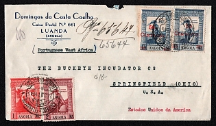 1945 (24 Oct) International registered cover from Luanda (Angola, Portugal) to Springfield (USA), franked by 1a, 2a and a pair of 50c on 1.75a surcharge stamps (Angola, Portugal), canceled by Luanda postmark. Via Lisboa Central November 15, 1945. Via New York N.Y. Reg'y. Div. December 14, 1945. Arrive in Springfield December 15, 1945.