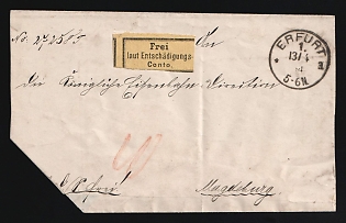 1884 (13 Apr) Prussia, German States, Germany, Stampless Cover from Erfurt to Royal Railway Directorate in Magdeburg, franked with postage label for official mail items of the railway, orange crayon postal marking, blue Official Mail Seal Label on the back side