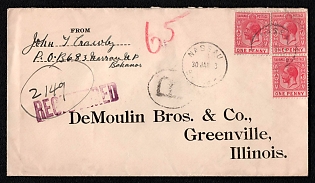 1923 (30 Jan) International registered cover from Nassau (Bahamas) to Greenville (USA), franked by three 1d (Bahamas), canseled by Nassau postmarks. Via Miami, Fla. Reg. January 31, 1923. No arrival postmark