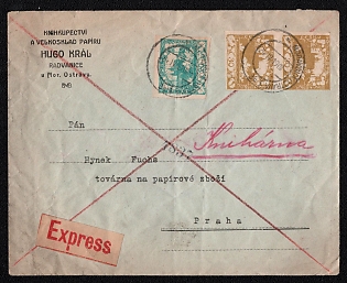 1919 (24 Apr) Express cover from Radvanice u Moravska Ostrava (Czechoslovakia) to Prague (Czechoslovakia), franked by 20h and pair 30h, canceled by Moravska Ostrava postmark. Arrive in Prague April 25, 1919