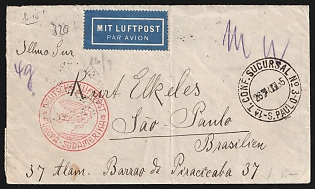 1935 (10 Sep) Third Reich, Germany, Airship Airmail Cover from Hamburg to Sao Paulo (Brazil), franked with a complete set of 6pf-12pf, 5 x 6pf, 10 x 12pf, with a red round Special Handstamp "German Airmail from Europe to South America", blue crayon postal marking