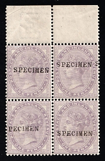 1881 1p Great Britain, Block of Four, Specimen, SHIFTED Overprint, Margin