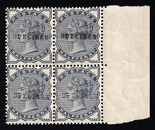 1883 0.5p Great Britain, Block of Four, Specimen, Margin