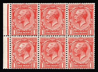 1912-24 1p Great Britain, Block of six, Red control strips