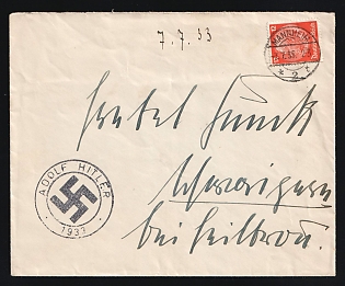 1933 (7 Jul) Third Reich, Germany, Cover from Mannheim to Schorndorf (near Stuttgart), franked with 12pf, round handstamp with swastika and text in circle 'Adolf Hitler. 1933'