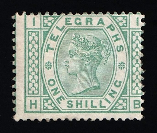 1876-81 1s Great Britain, Post Office Telegraph Stamp, Plate Number 1, SHIFTED Perforation