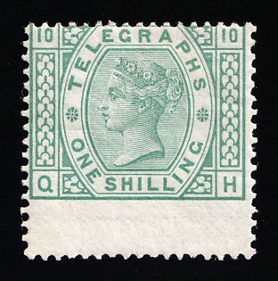 1876-81 1s Great Britain, Post Office Telegraph Stamp, Plate Number 10, SHIFTED Perforation