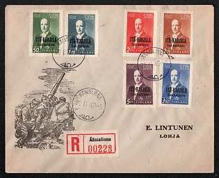 1942 (20 Nov) Registered cover from Äänislinna/Aanislinna/Petrozavodsk (Finnish occupation USSR/Eastern Karelia/Itä-Karjala) to Lohja (Finland), franked by 50p, 1.75m, 2m, 2.75m, 3.50m, 5m with overprint "Itä-Karjala Sot.hallinto", complete series (Finnish occupation USSR/Eastern Karelia/Itä-Karjala) canceled by Äänislinna postmark. Arrive in Lohja November 28, 1942